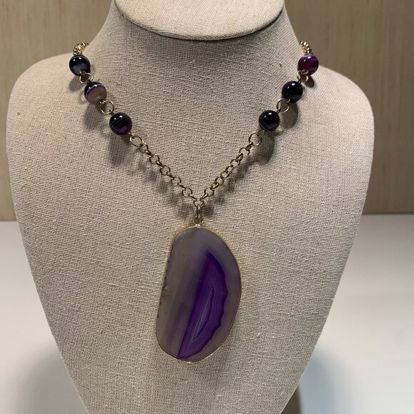 Purple Agate Pendant Necklace Gold Tone Chain Statement Stone Boho Jewelry - Picture 2 of 6